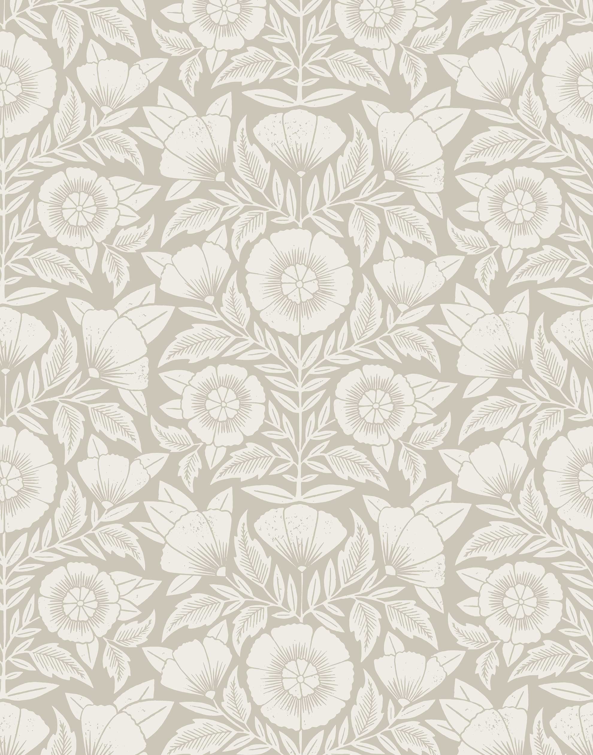 Conservatory wallpaper featuring stylized petals and leaves dervived from a block-print technique was designed by Katharine Watson for Hygge & West. Featuring white flowers on a pewter gray wallpaper background.