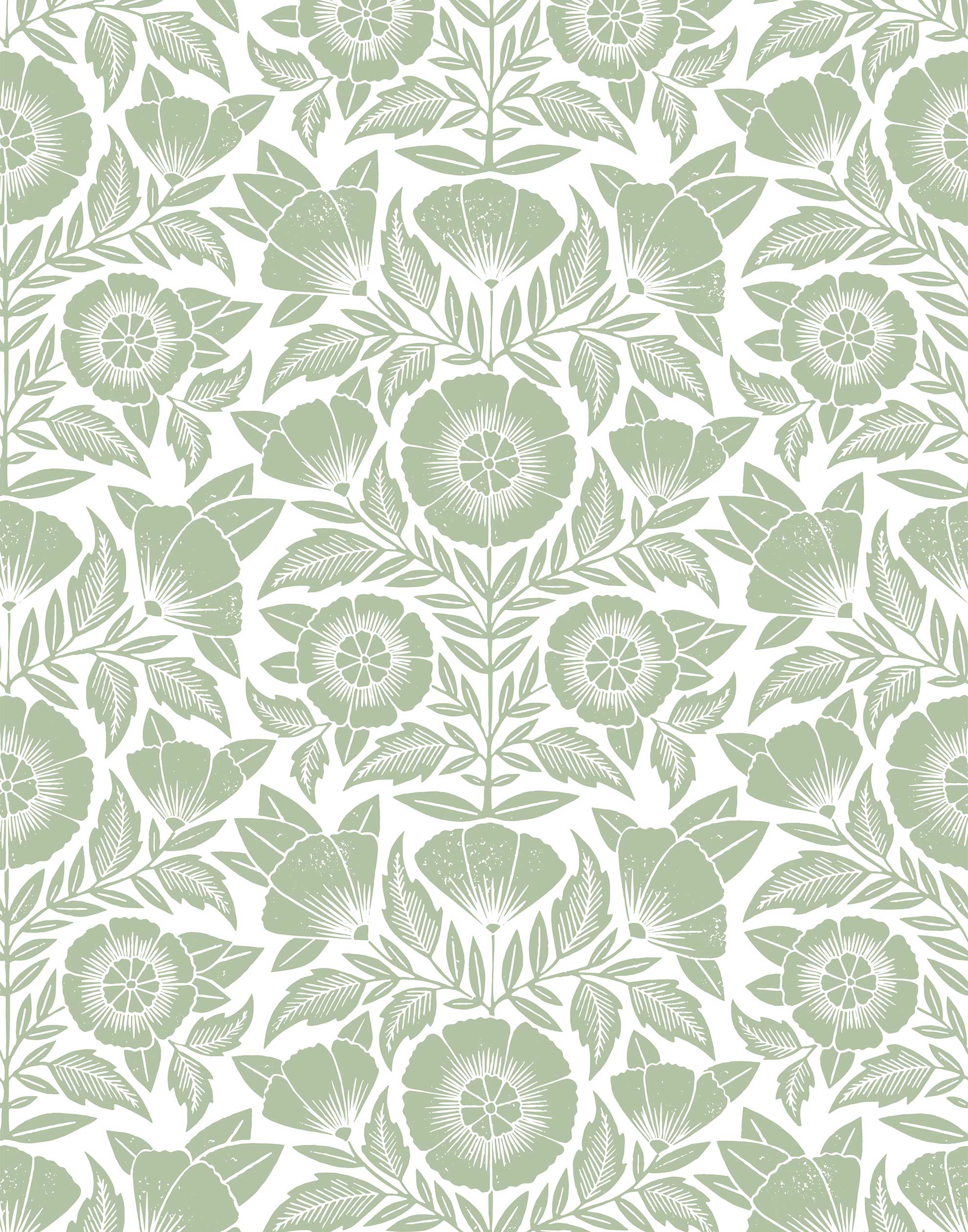 Conservatory wallpaper featuring stylized petals and leaves dervived from a block-print technique was designed by Katharine Watson for Hygge & West. Featuring sage green flowers on a white wallpaper background.