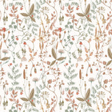 Sonoma (White) wallpaper with rust, green and brown flowers and leaves on a true white background