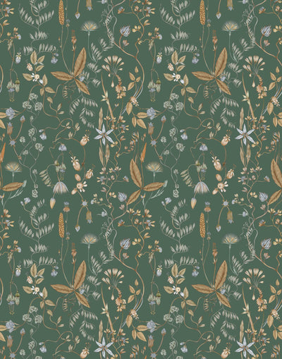 Sonoma (Fern) wallpaper with shades of brown and blue flowers and leaves on a true white background