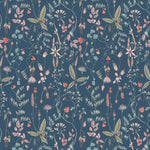 Sonoma (Indigo) wallpaper with green, mauve, coral and pink flowers and leaves on a blue background