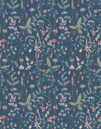 Sonoma (Indigo) wallpaper with green, mauve, coral and pink flowers and leaves on a blue background