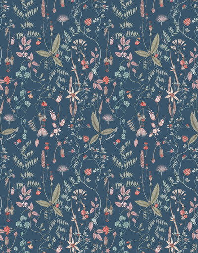 Sonoma (Indigo) wallpaper with green, mauve, coral and pink flowers and leaves on a blue background