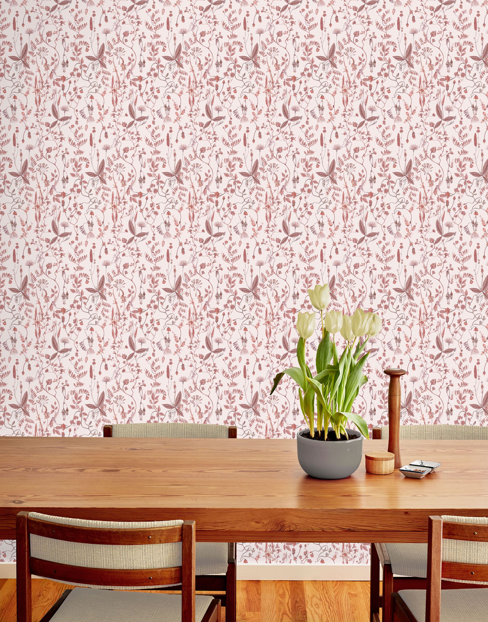 Sonoma (Blush) wallpaper with shades of mauve and taupe flowers and leaves on a pink background