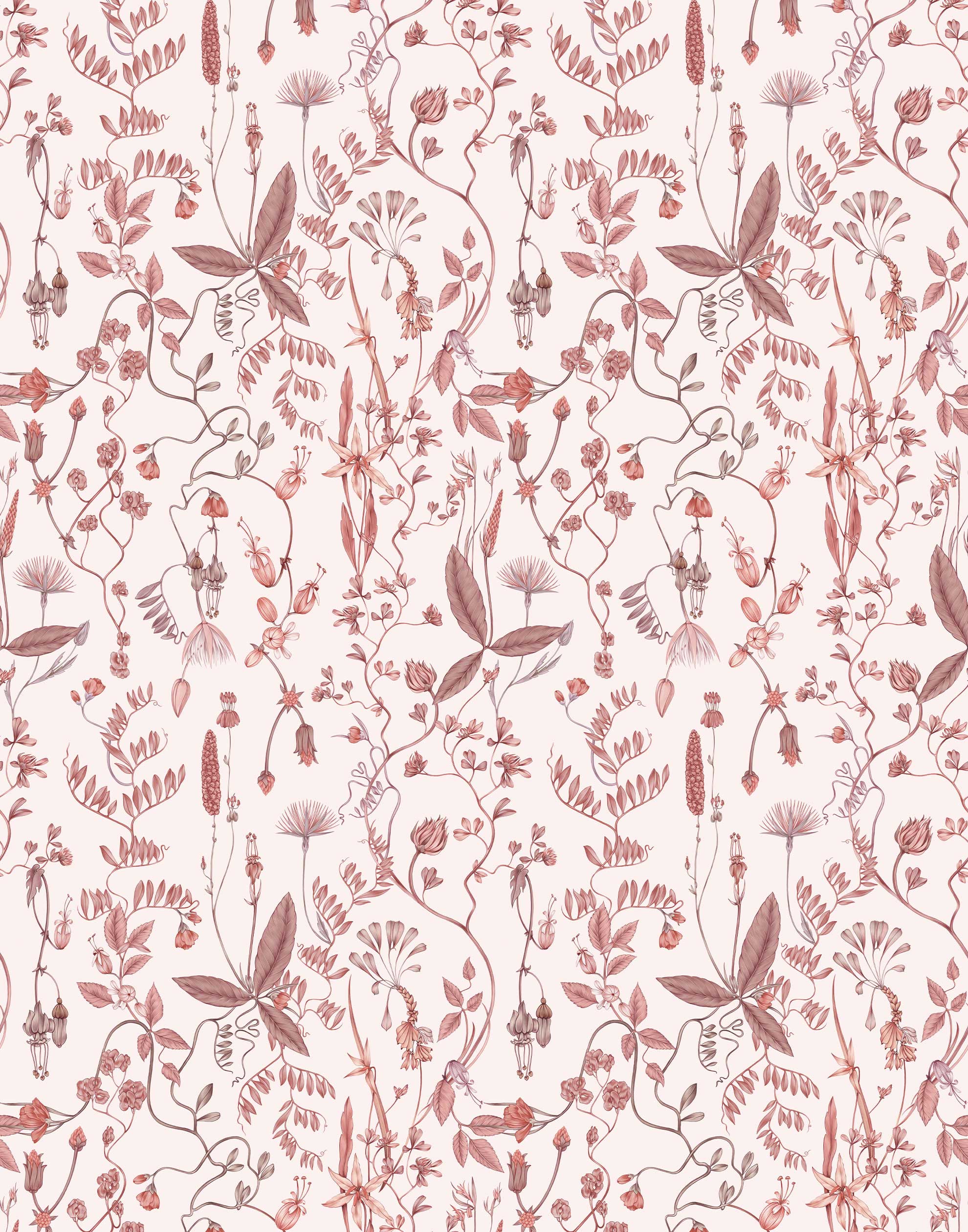 Sonoma (Blush) wallpaper with shades of mauve and taupe flowers and leaves on a pink background