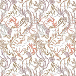 Atoll (White) wallpaper features shades of green, coral and brown seaweed and coral on a true white background