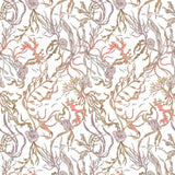 Atoll (White) wallpaper features shades of green, coral and brown seaweed and coral on a true white background