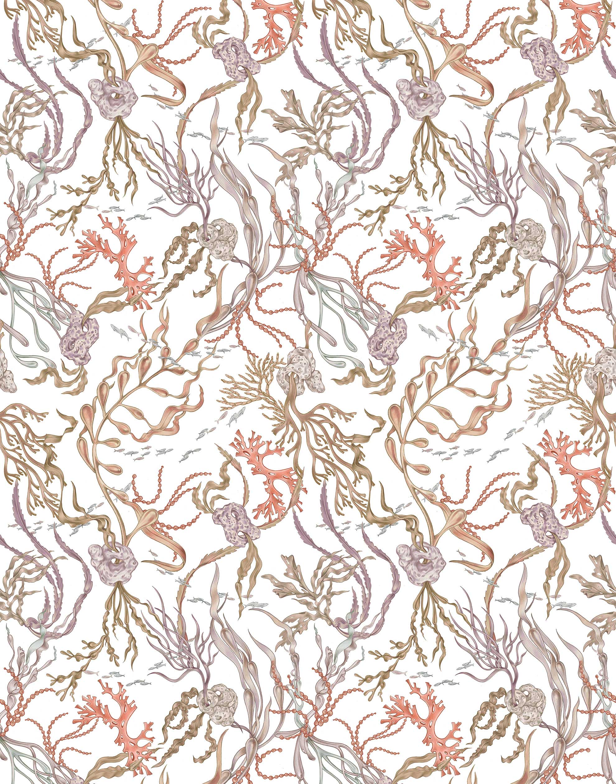 Atoll (White) wallpaper features shades of green, coral and brown seaweed and coral on a true white background