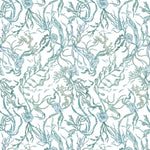 Atoll (Marine) wallpaper features shades of green and blue seaweed and coral on a true white background