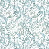Atoll (Marine) wallpaper features shades of green and blue seaweed and coral on a true white background