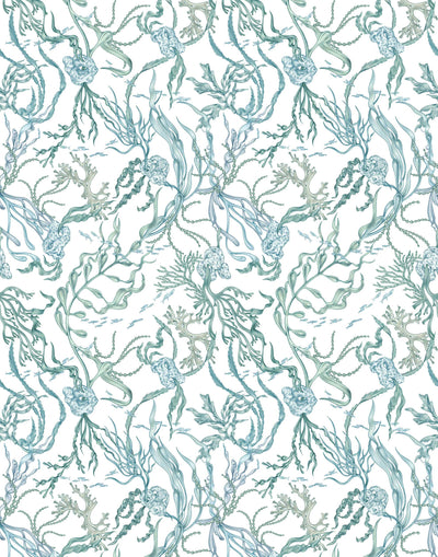 Atoll (Marine) wallpaper features shades of green and blue seaweed and coral on a true white background