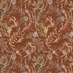Atoll (Sienna) wallpaper features shades of green, pink, peach, taupe and black seaweed and coral on a brown background