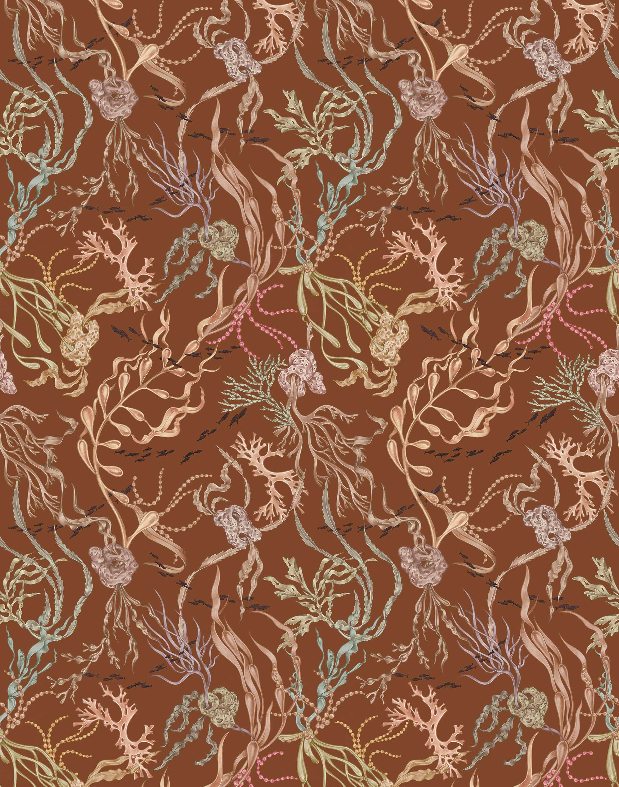 Atoll (Sienna) wallpaper features shades of green, pink, peach, taupe and black seaweed and coral on a brown background
