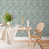 Secret Garden (Robin Egg) wallpaper features shades of green, blue and brown plants, birds and butterflies on a robin egg blue background
