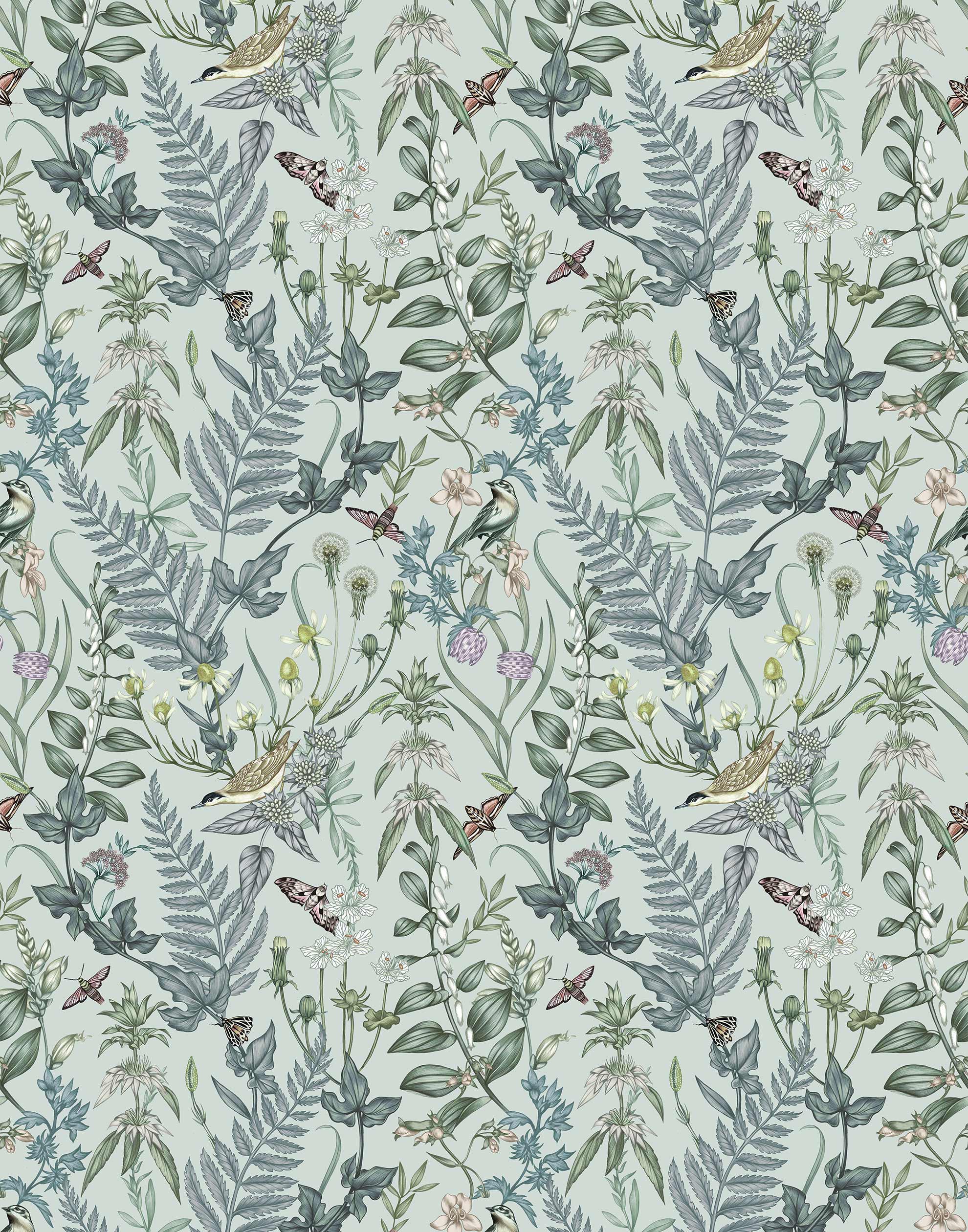 Secret Garden (Robin Egg) wallpaper features shades of green, blue and brown plants, birds and butterflies on a robin egg blue background