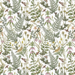 Secret Garden (White) wallpaper features shades of green, brown and pink plants, birds and butterflies on a true white background