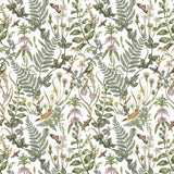 Secret Garden (White) wallpaper features shades of green, brown and pink plants, birds and butterflies on a true white background