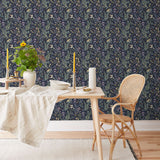 Secret Garden (Amethyst) wallpaper features shades of green, brown, purple, and pink plants, birds and butterflies on dark purple background