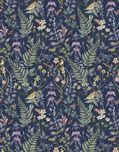 Secret Garden (Amethyst) wallpaper features shades of green, brown, purple, and pink plants, birds and butterflies on dark purple background