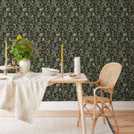Secret Garden (Ebony) wallpaper features shades of green, pink and taupe plants, birds and butterflies on black background