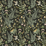 Secret Garden (Ebony) wallpaper features shades of green, pink and taupe plants, birds and butterflies on black background