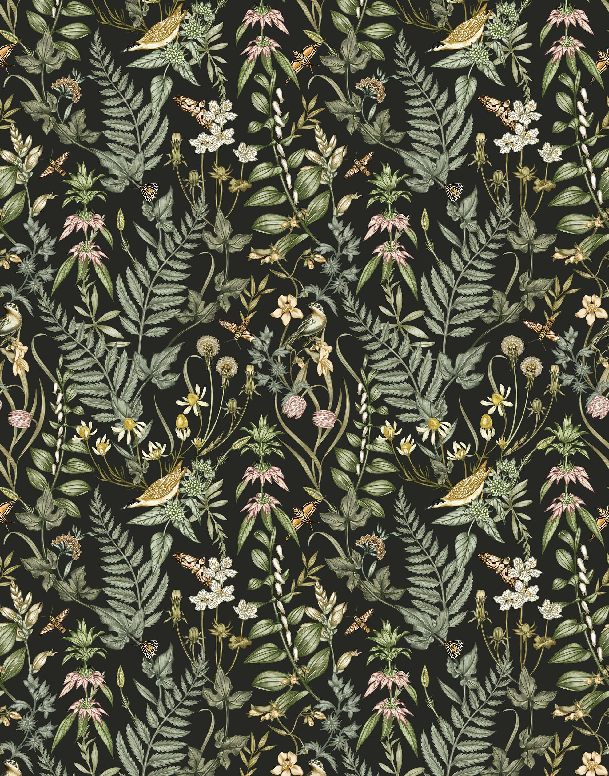 Secret Garden (Ebony) wallpaper features shades of green, pink and taupe plants, birds and butterflies on black background