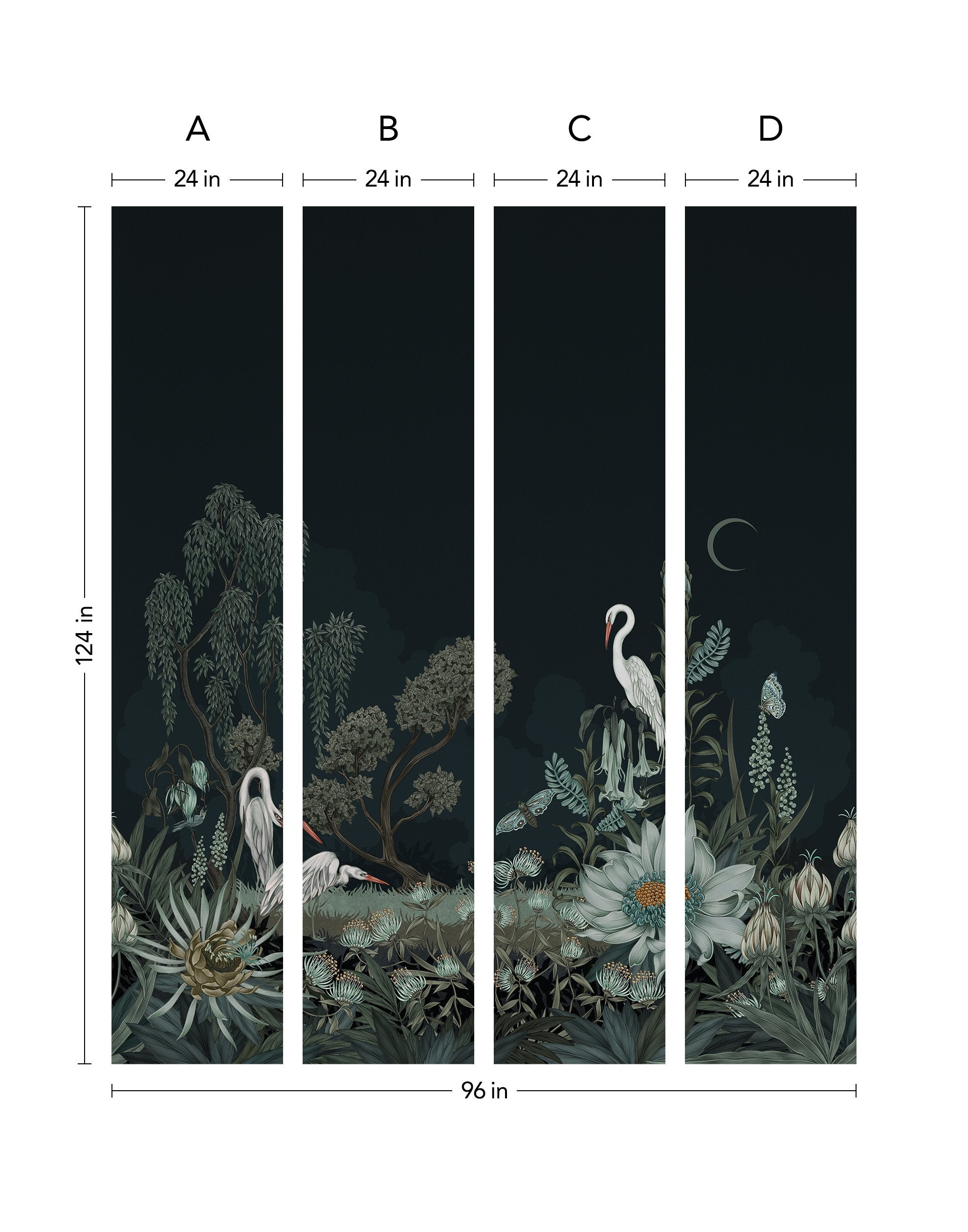 Night Heron (Ebony) Wallpaper Mural designed by Lisel Jane Ashlock features shades of blue and green fauna and flora with a soft black ink sky