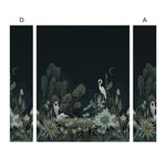 Night Heron (Ebony) Wallpaper Mural designed by Lisel Jane Ashlock features shades of blue and green fauna and flora with a soft black ink sky