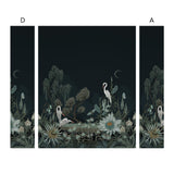 Night Heron (Ebony) Wallpaper Mural designed by Lisel Jane Ashlock features shades of blue and green fauna and flora with a soft black ink sky