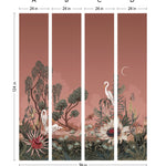 Night Heron (Carnelian) Wallpaper Mural designed by Lisel Jane Ashlock features shades of green, brown, pink and cream fauna and flora with a rust brownish-red sky
