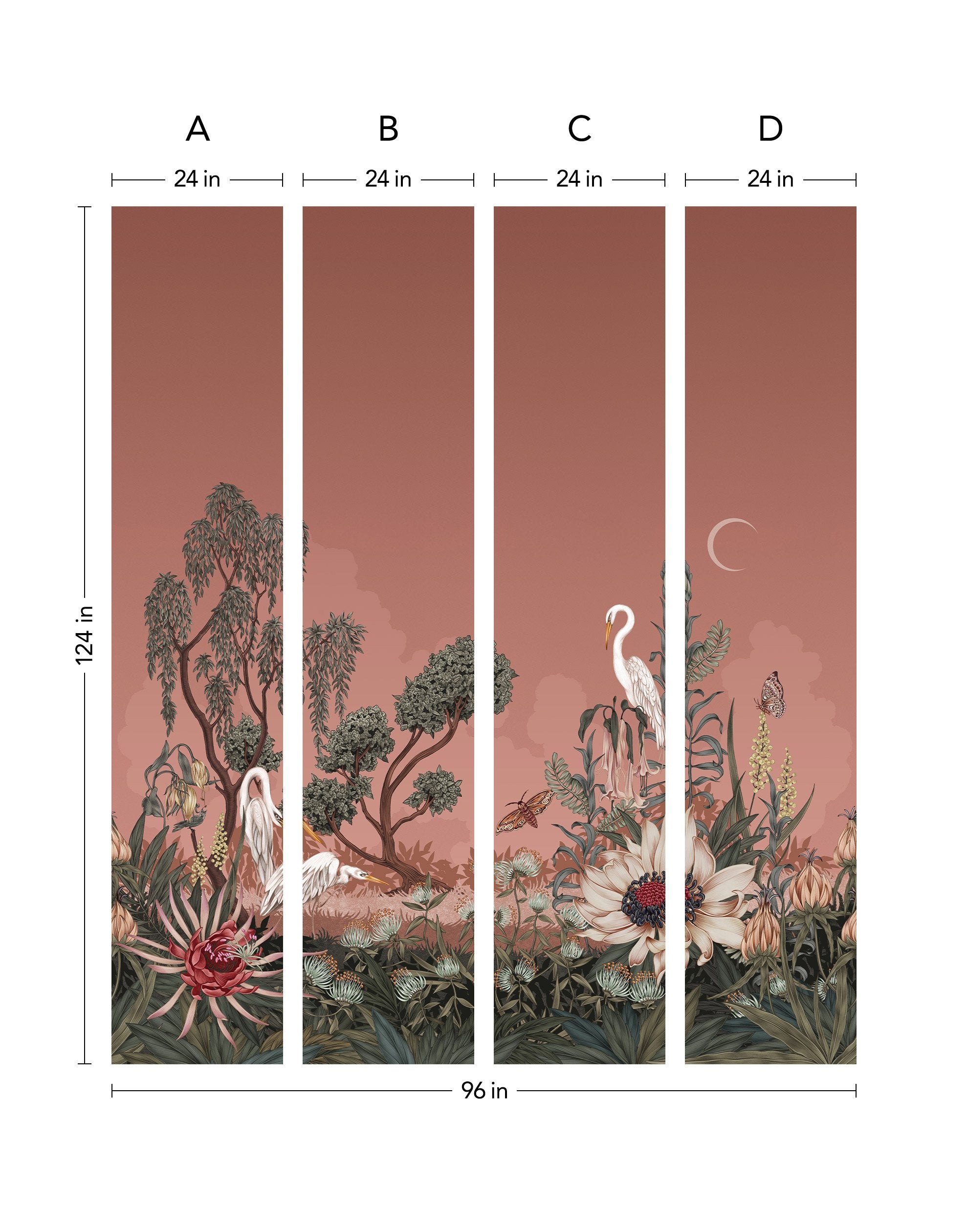 Night Heron (Carnelian) Wallpaper Mural designed by Lisel Jane Ashlock features shades of green, brown, pink and cream fauna and flora with a rust brownish-red sky