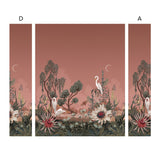 Night Heron (Carnelian) Wallpaper Mural designed by Lisel Jane Ashlock features shades of green, brown, pink and cream fauna and flora with a rust brownish-red sky