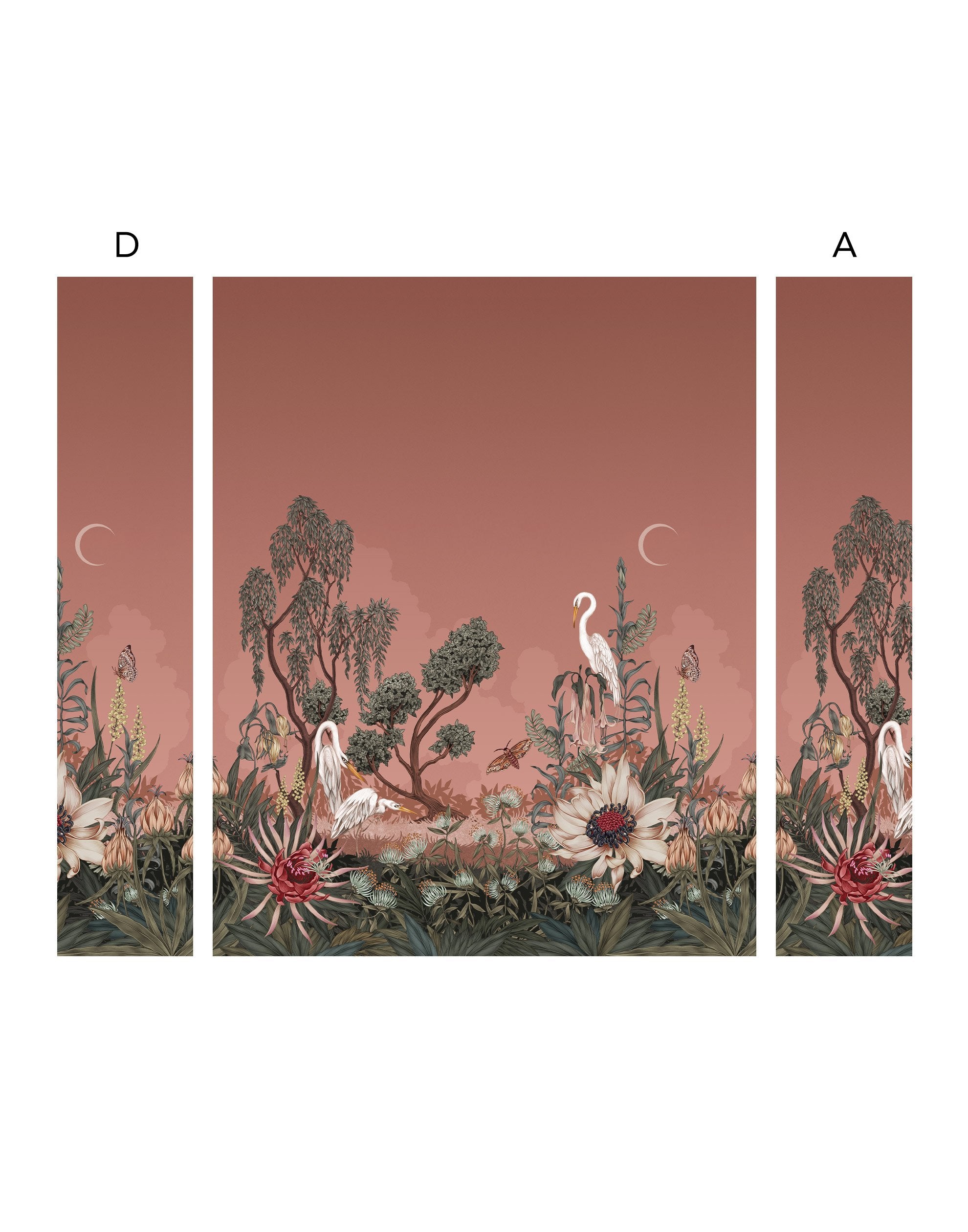 Night Heron (Carnelian) Wallpaper Mural designed by Lisel Jane Ashlock features shades of green, brown, pink and cream fauna and flora with a rust brownish-red sky