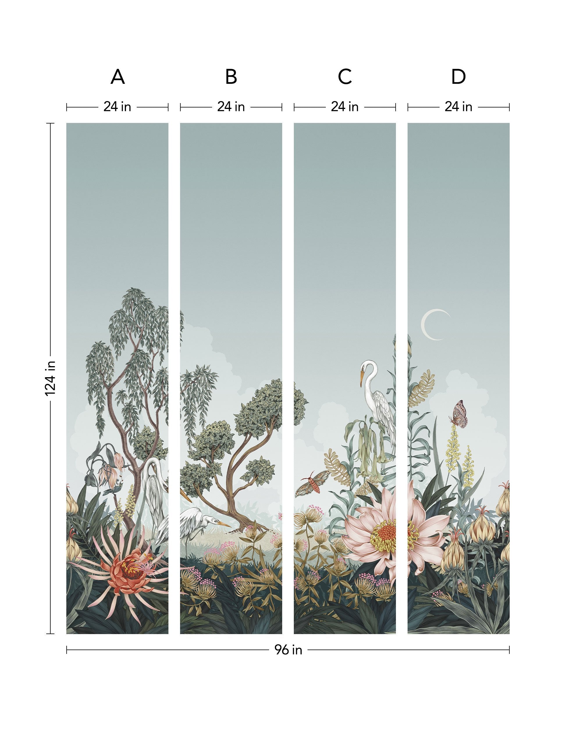 Night Heron (Sage) Wallpaper Mural designed by Lisel Jane Ashlock features shades of green, brown, pink and cream fauna and flora with a sage green sky