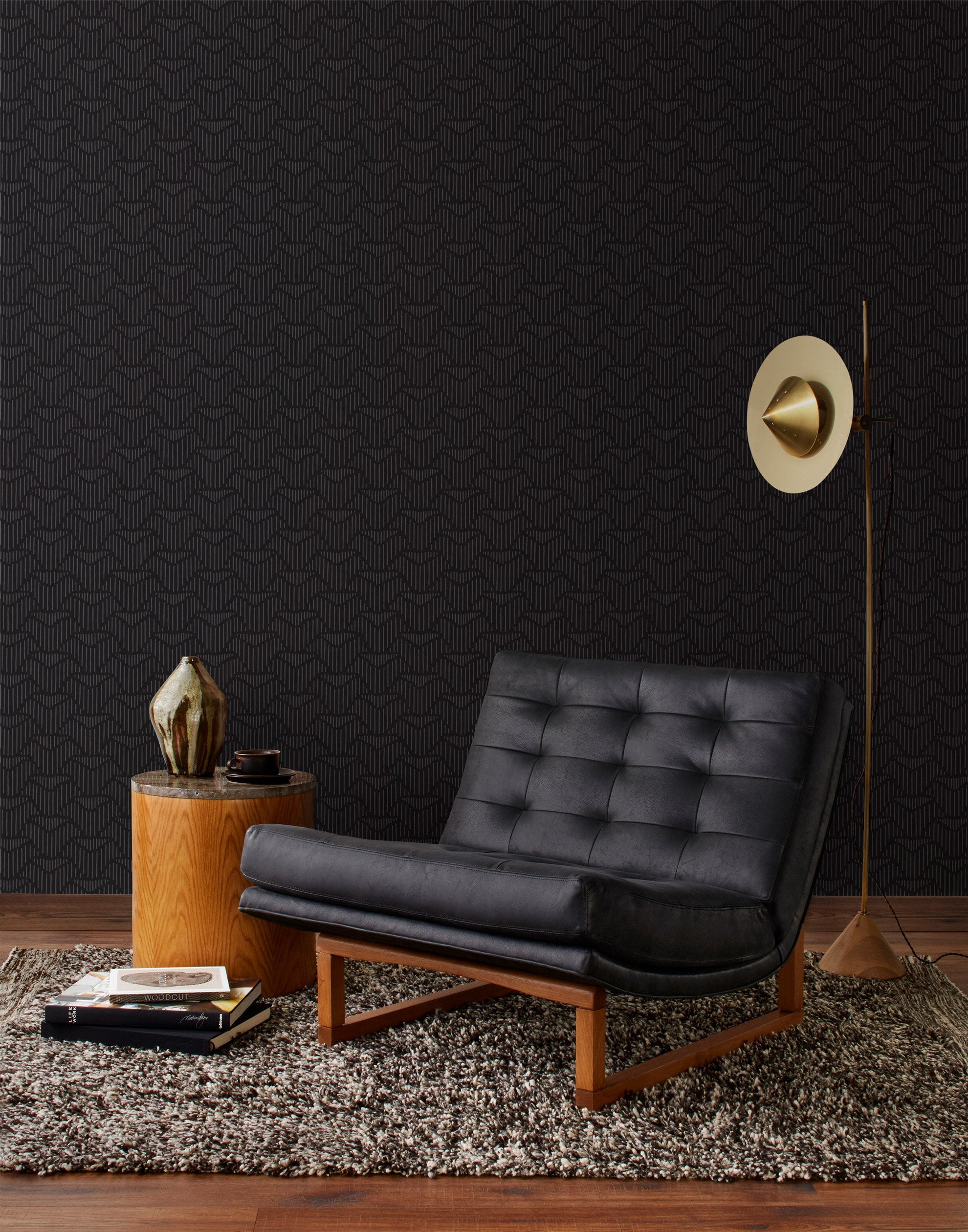 Palma (Ebony) featuring a soft black background with gray geometric pattern