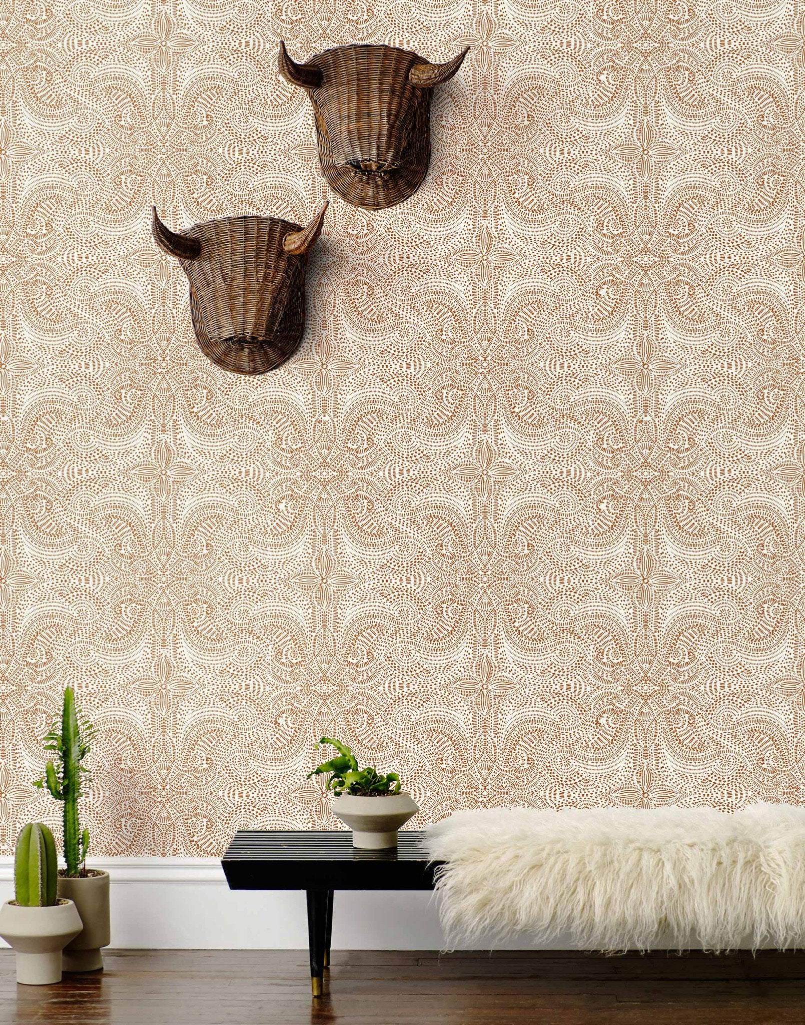 Andanza (Copper) wallpaper featuring a delicate pattern created using a stippling technique in metallic ink on white