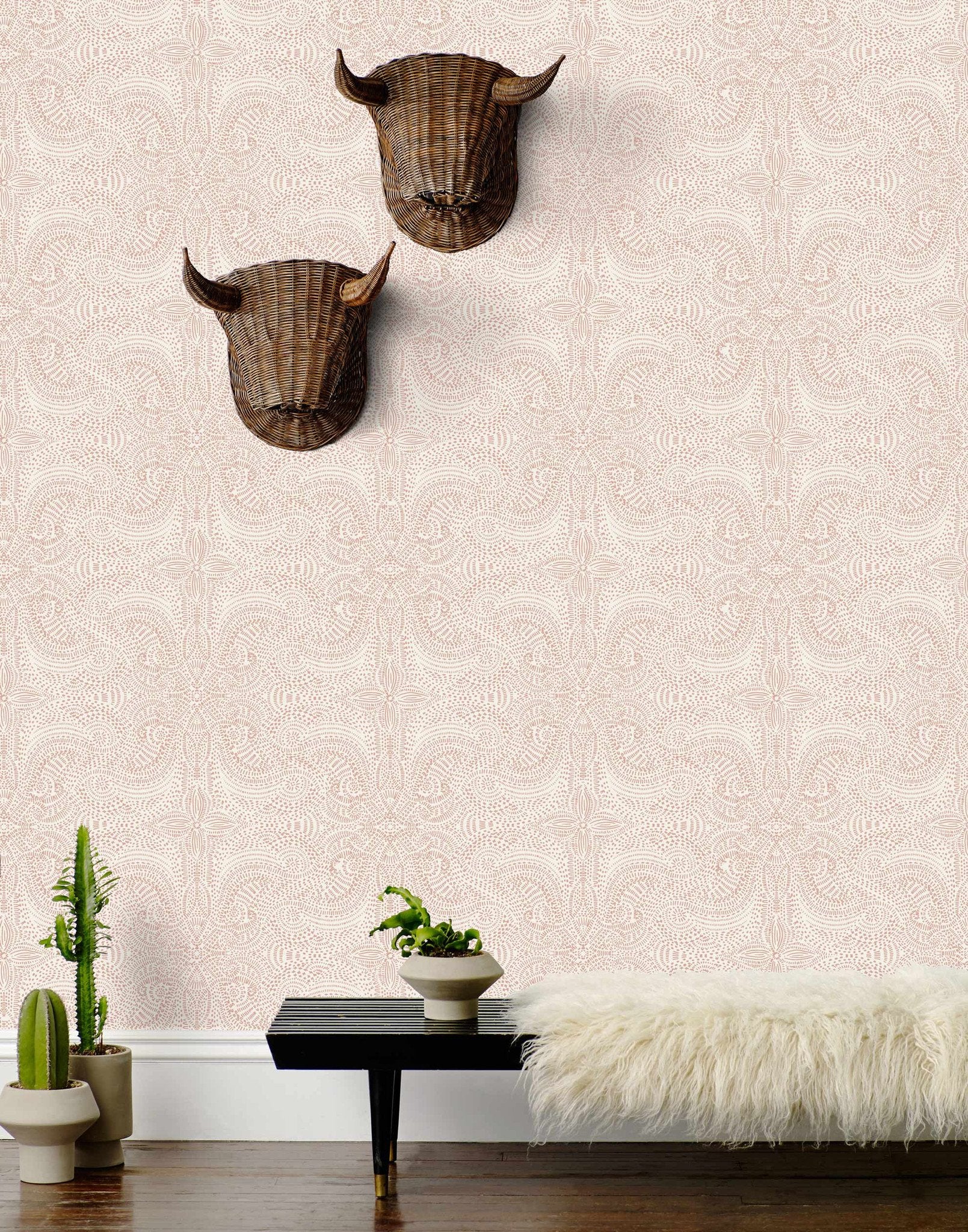 Andanza (Blush) wallpaper featuring a delicate pattern created using a stippling technique in pink on white