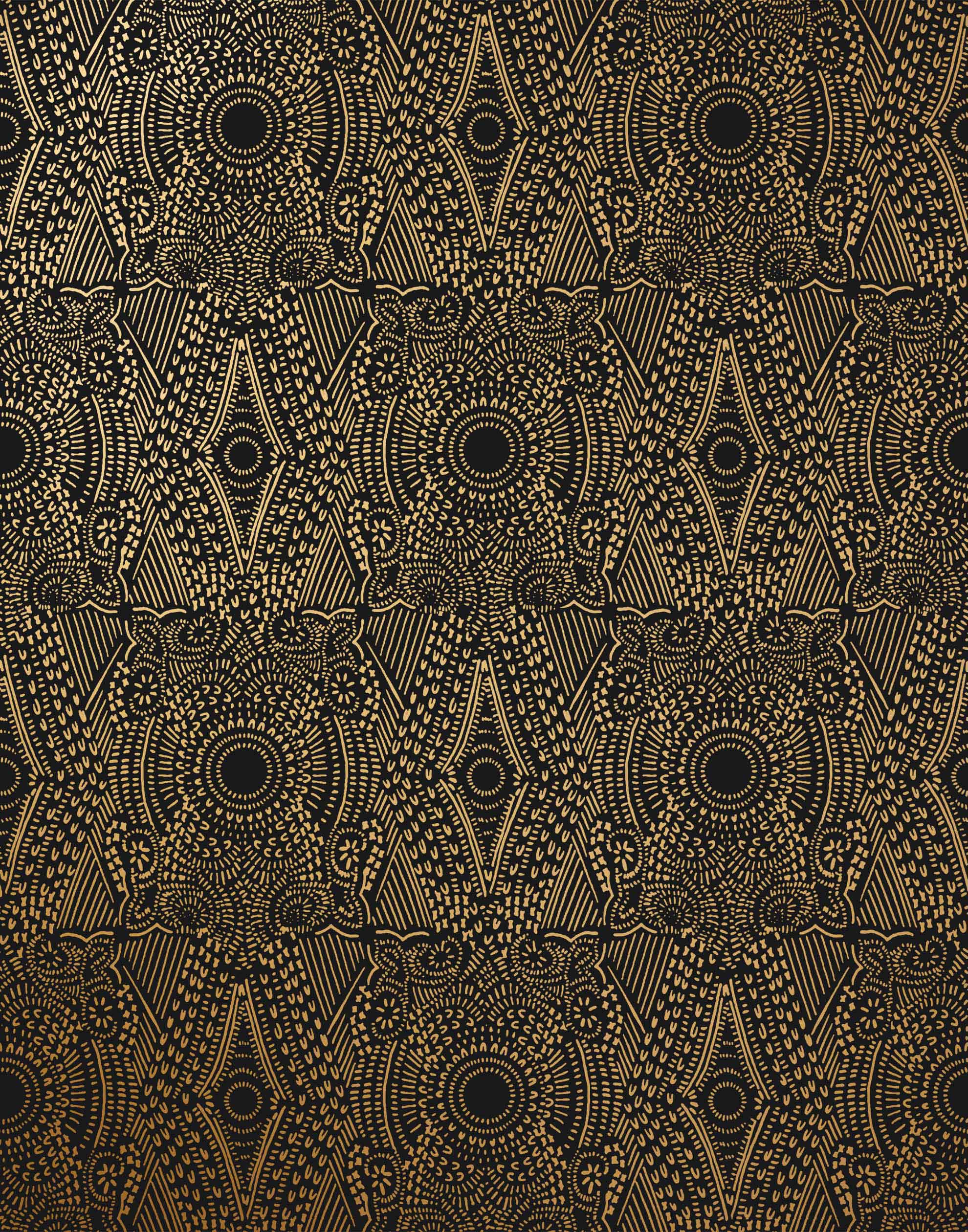 Diamante (Gold) features a symmetrical lace metallic pattern on black