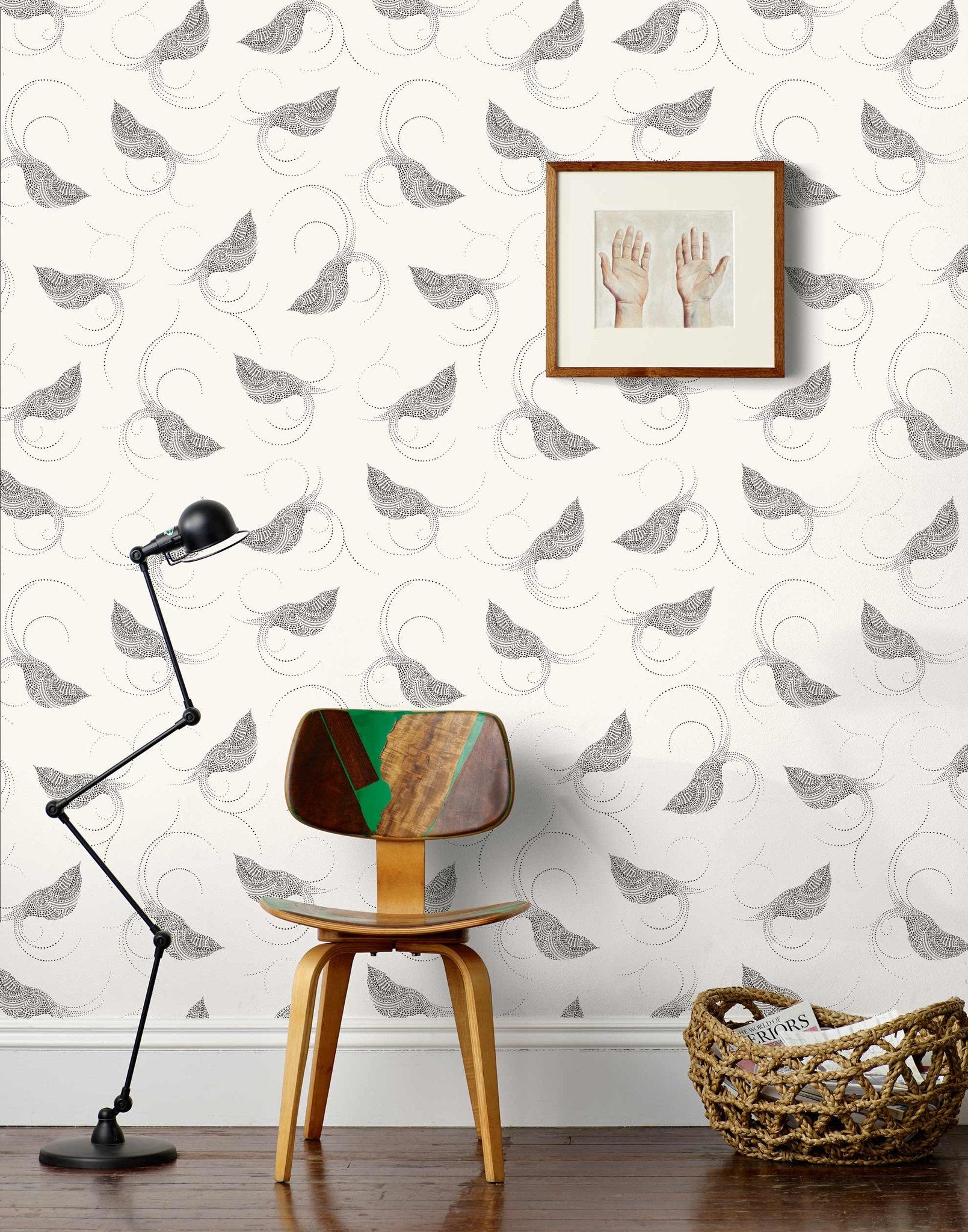 Pajarito (Black) features floating birds in black on white