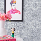 Andanza Navy wallpaper featuring a delicate pattern created using a stippling technique in navy blue on white