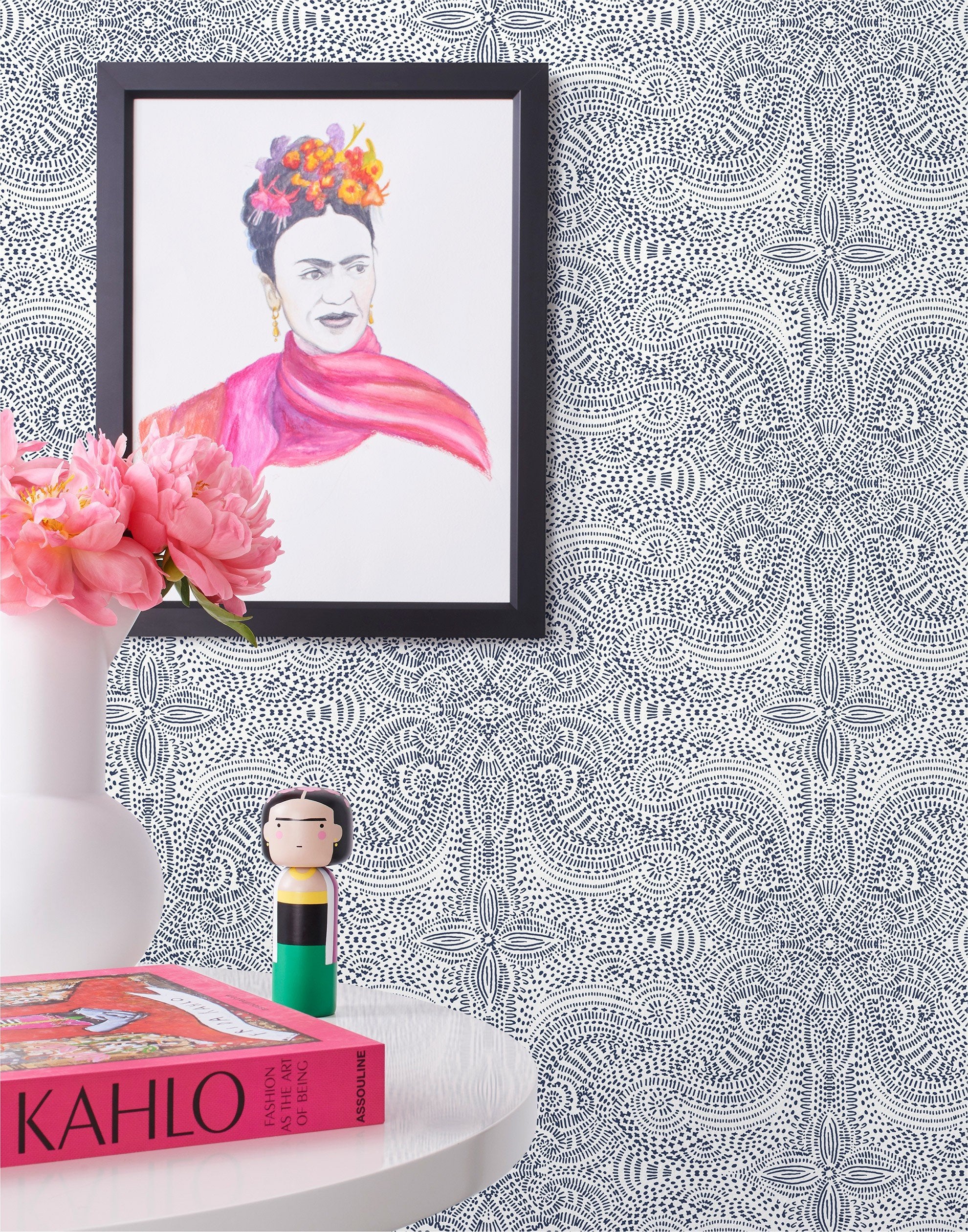 Andanza Navy wallpaper featuring a delicate pattern created using a stippling technique in navy blue on white