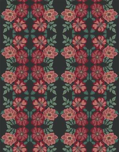 Fleurs (Ebony) wallpaper featuring pink and red garden roses on a black background | Nathalie Lete + Hygge & West
