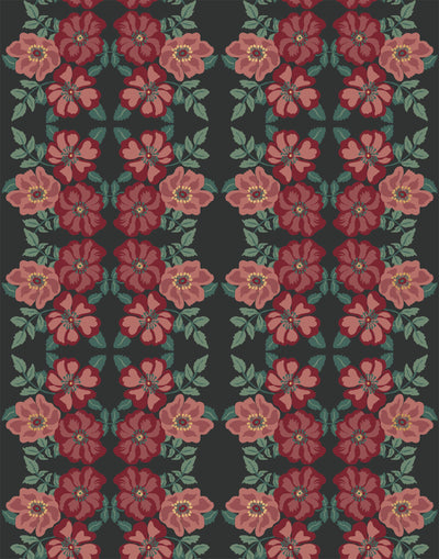 Fleurs (Ebony) wallpaper featuring pink and red garden roses on a black background | Nathalie Lete + Hygge & West
