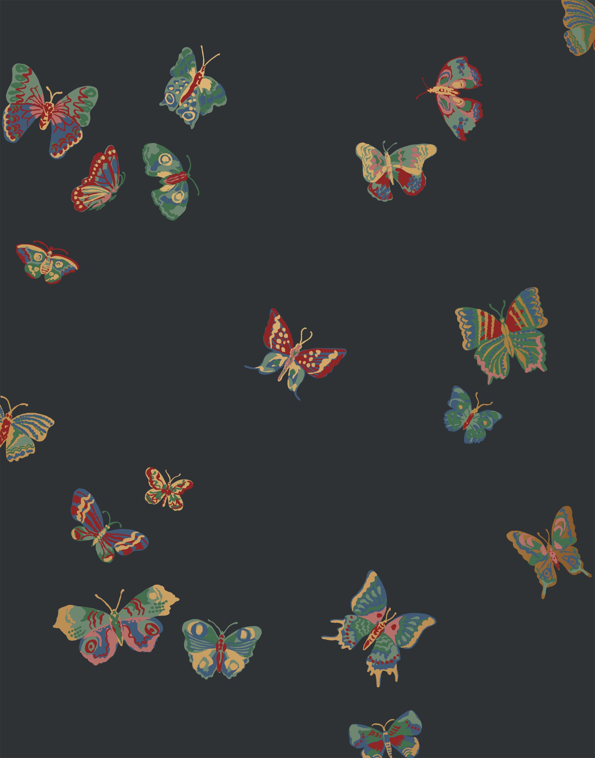 Butterflies (Ebony) featuring red, green and gold butterflies on a black background | Nathalie Lete + Hygge & West