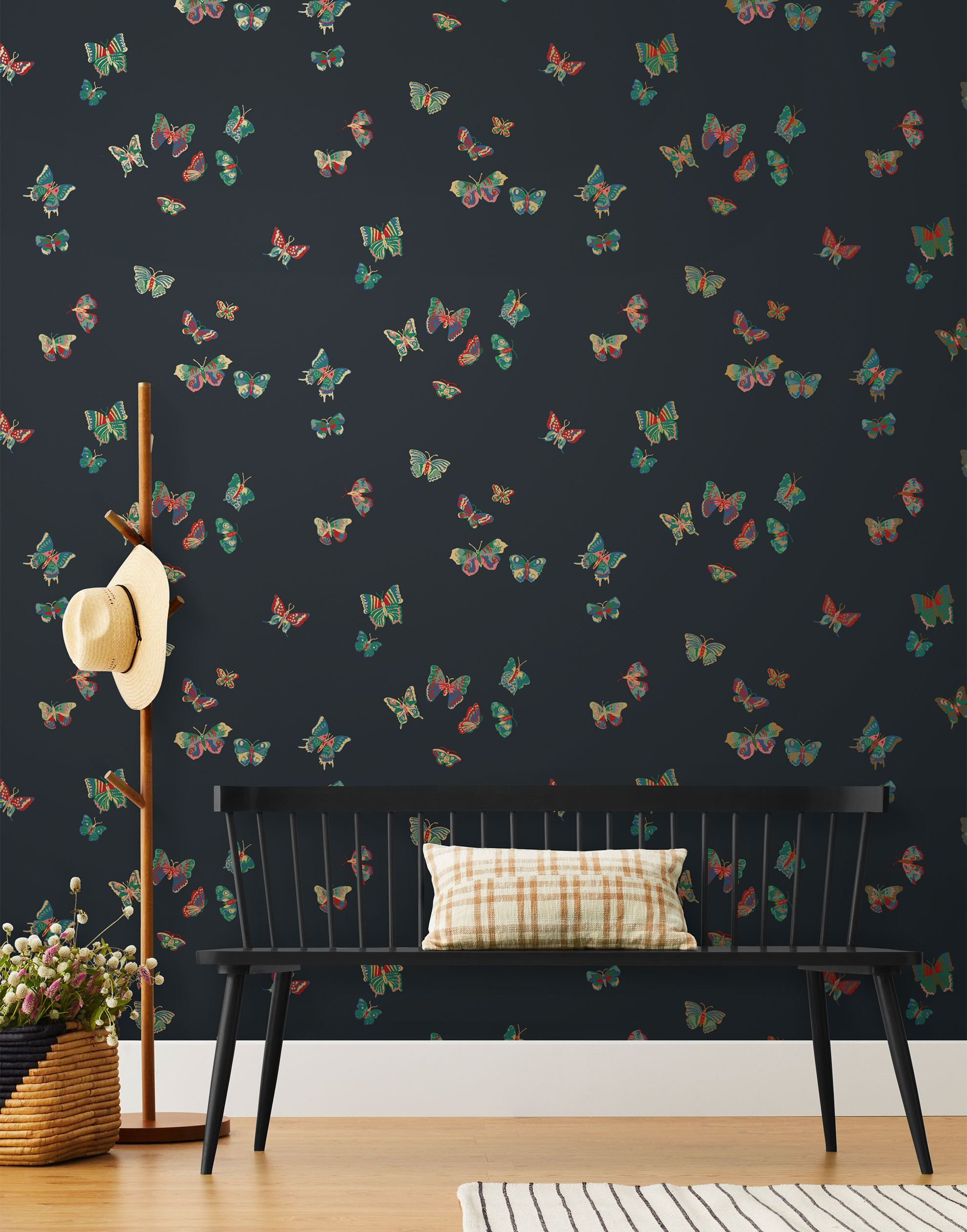 Butterflies (Ebony) featuring red, green and gold butterflies on a black background | Nathalie Lete + Hygge & West