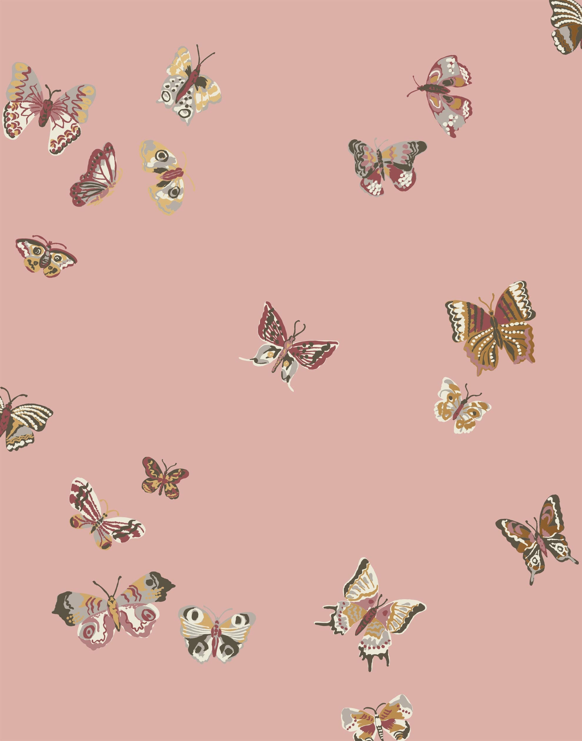 Butterflies (Rose) featuring mauve, gray, and cream butterflies on a pink background | Nathalie Lete + Hygge & West