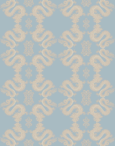 Fortune (Mist) Wallpaper featuring taupe and cream line work on a dusty blue background
