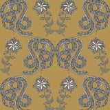 Serpentine (Butterscotch) Wallpaper featuring charcoal and cream snakes and flowers on a golden ochre yellow background
