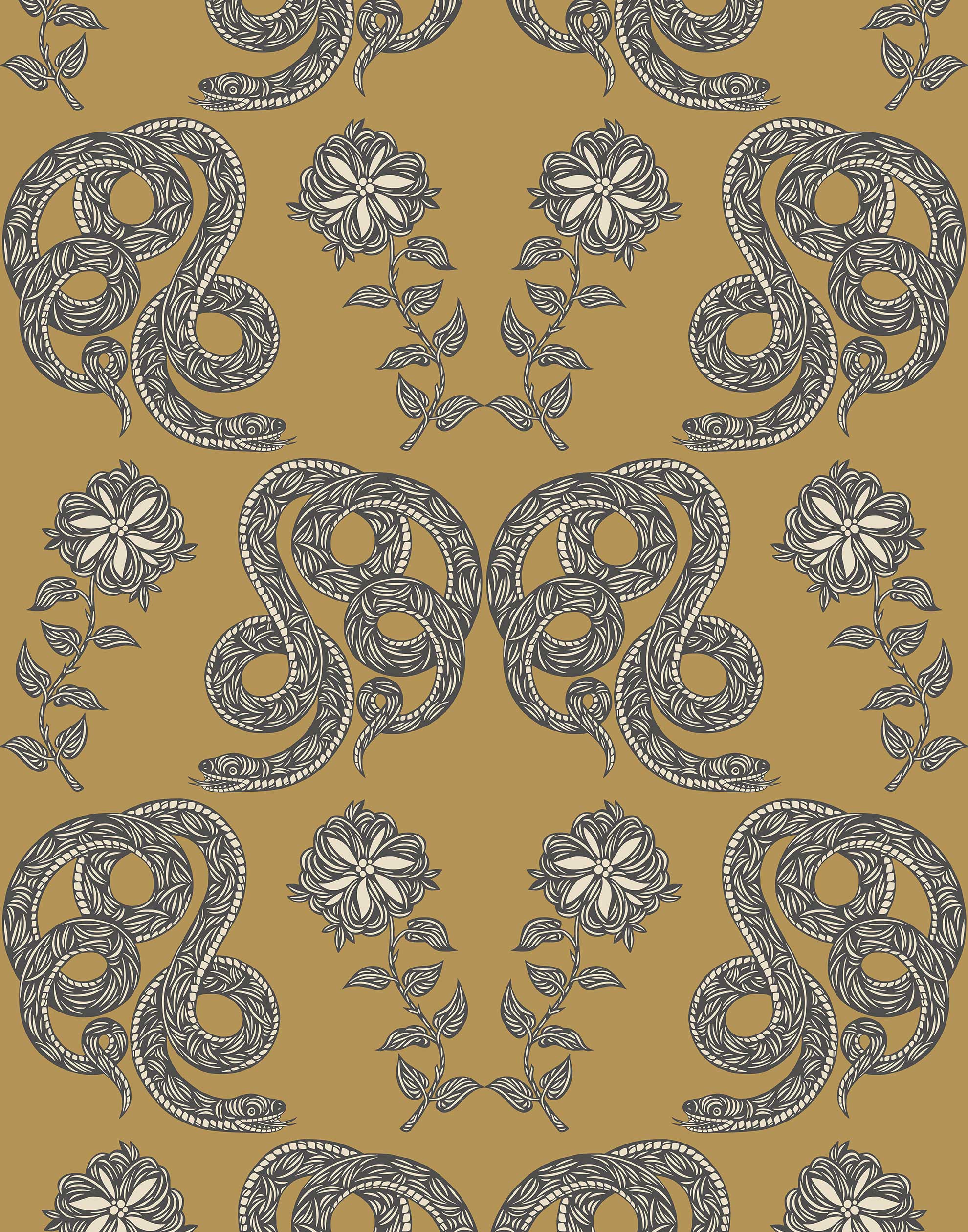 Serpentine (Butterscotch) Wallpaper featuring charcoal and cream snakes and flowers on a golden ochre yellow background