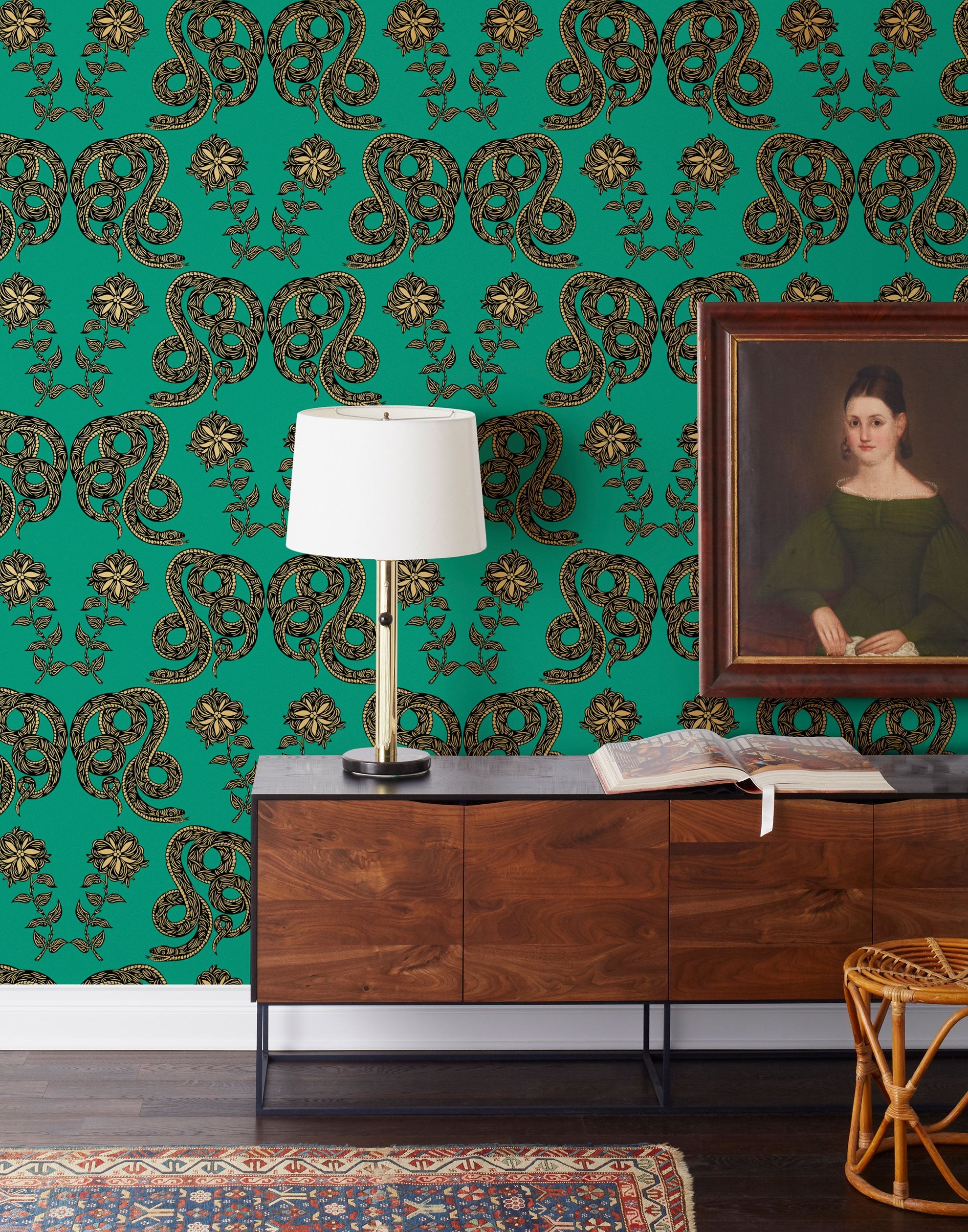 Serpentine (Emerald) Wallpaper featuring black and metallic gold snakes and flowers on a green background